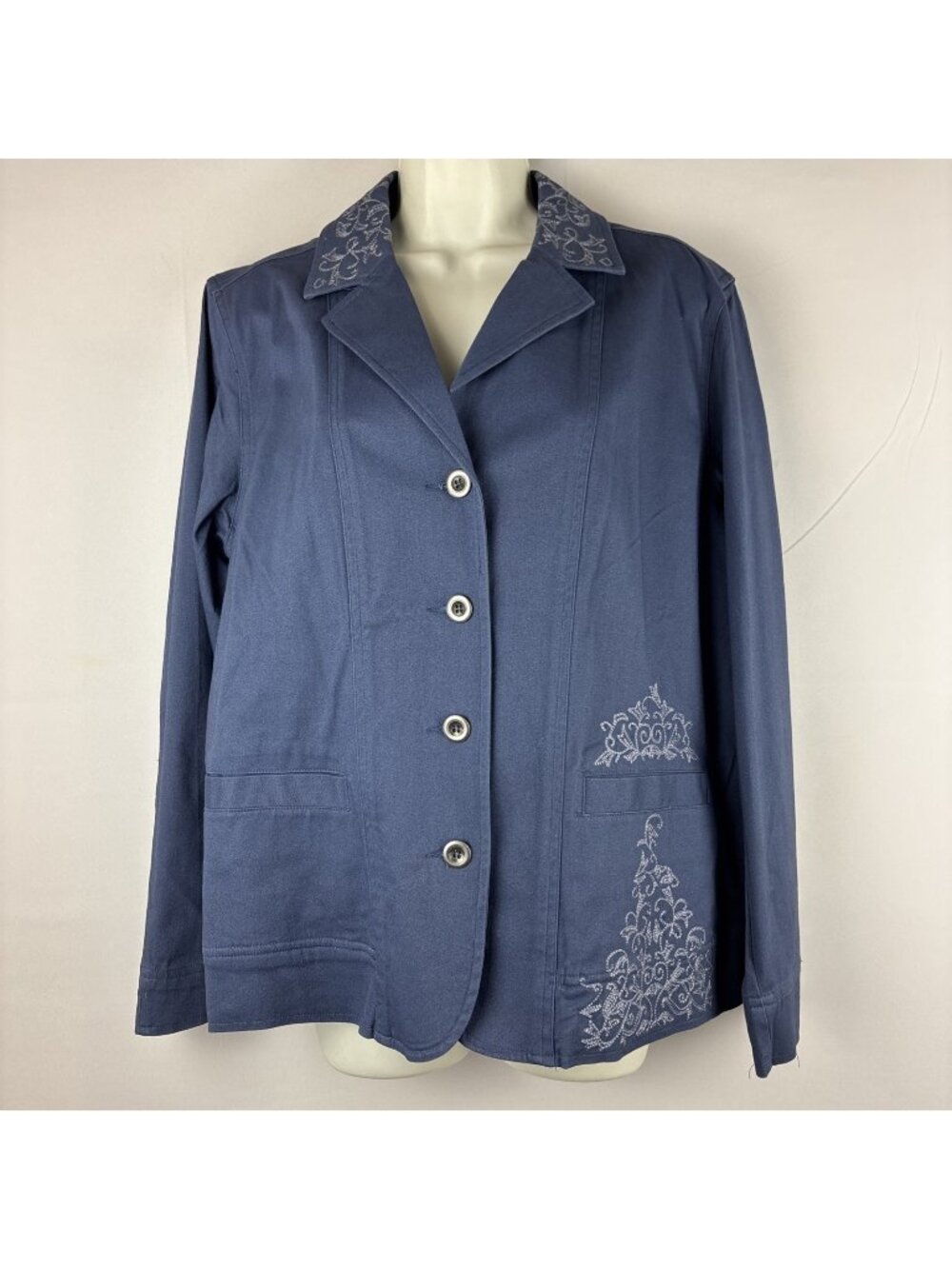 Vintage Denim & Co Blue Blazer Jacket Women’s Large Button Front Embroidered Y2K